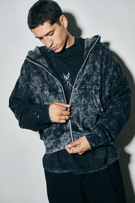 ZIP IT UP WASHED BLACK HOODIE
