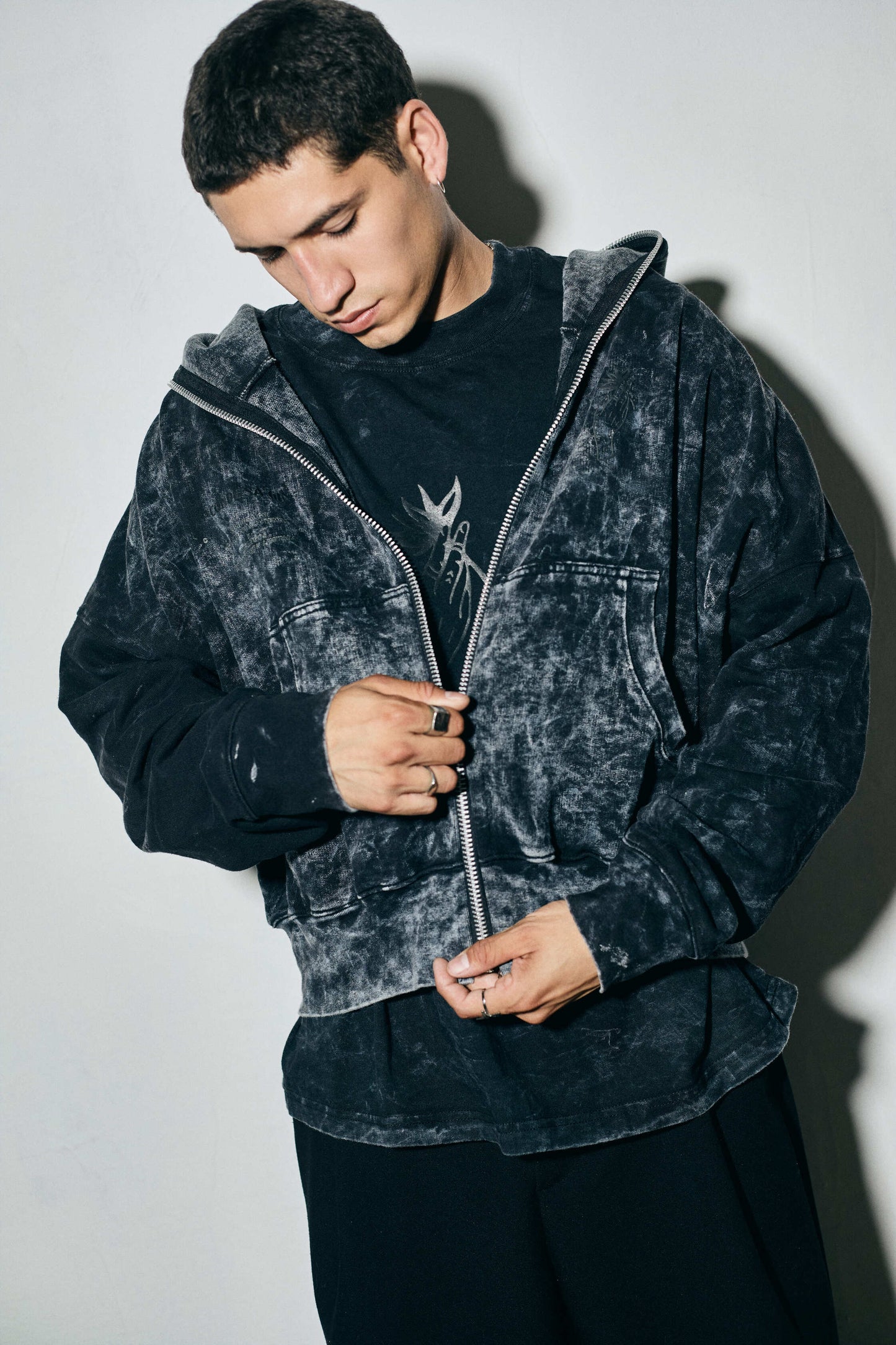 ZIP IT UP WASHED BLACK HOODIE