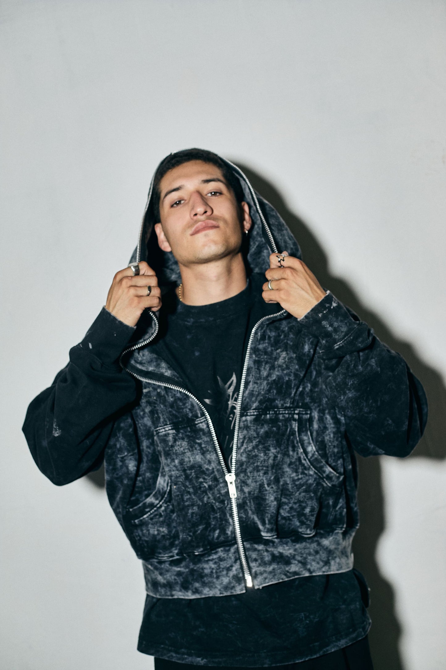 ZIP IT UP WASHED BLACK HOODIE