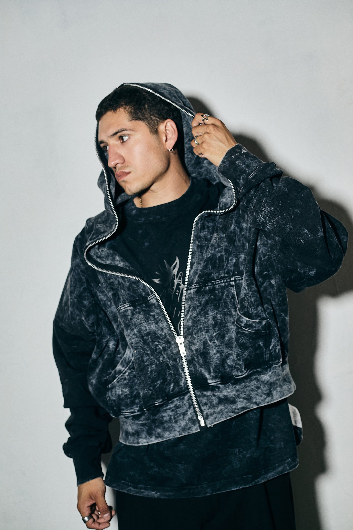 ZIP IT UP WASHED BLACK HOODIE